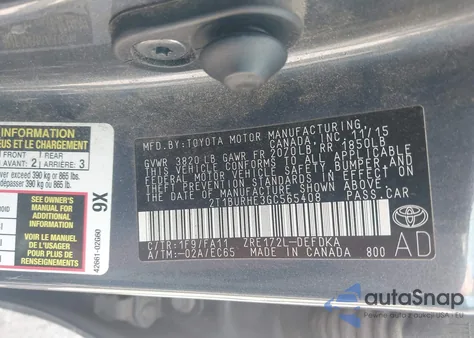 2016 Toyota Corolla L from USA, damaged, VIN 2T1BURHE3GC565408